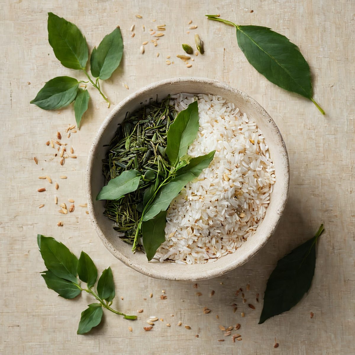 Rice grains, green tea leaves and centella leaves arranged on linen and stone