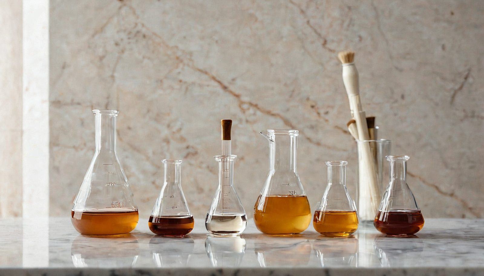 Glass beakers and amber ampoules on a white marble counter
