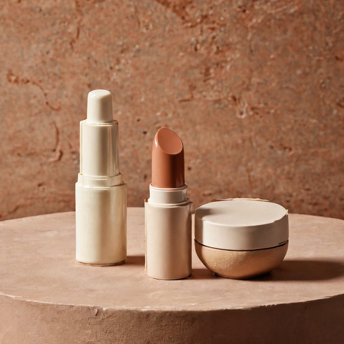 Minimal still life of a lip tint tube and a cushion compact