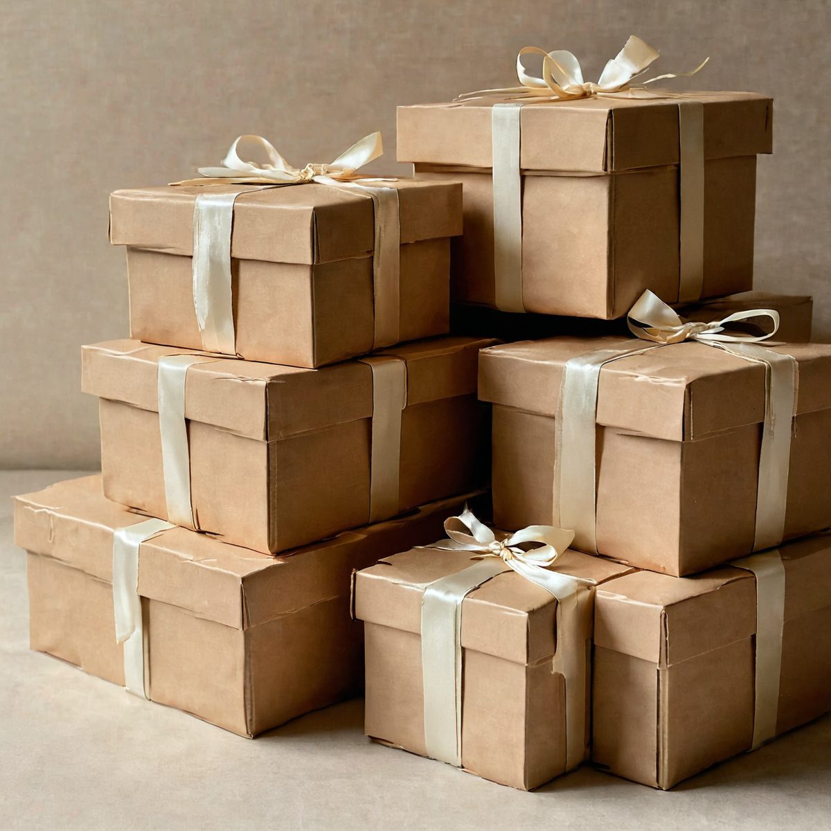 Kraft paper boxes tied with cream ribbon on a clean packing table